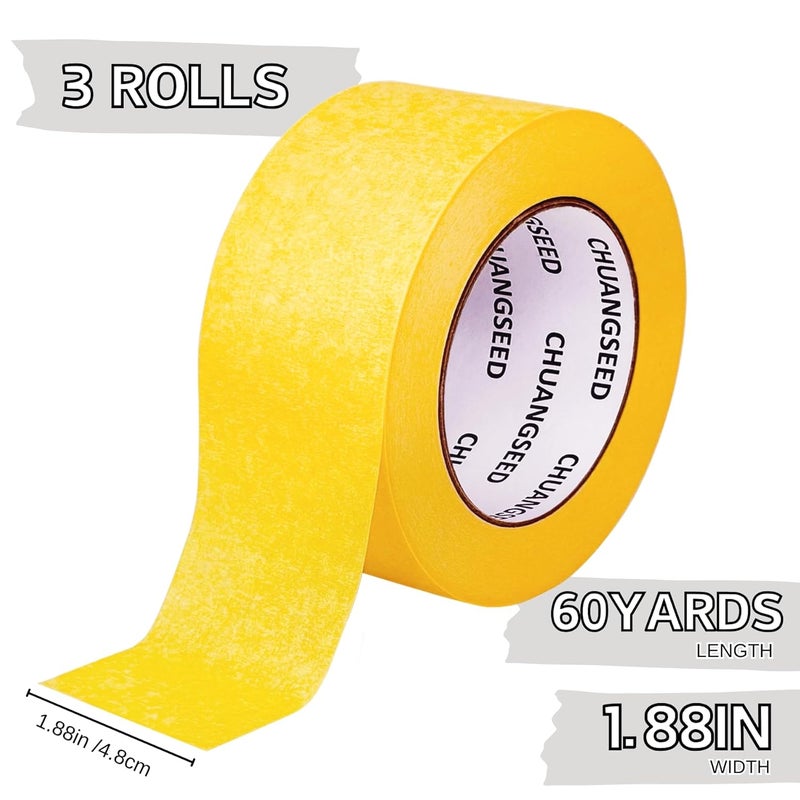 CHUANGSEED 3-Pack Yellow Painters Tape 1.88 Inches x 60 Yards Blue Masking Tape Bulk - Sharp Edge Line Technology, Produces Sharp Lines Residue-Free and Artisan Grade Wall Trim Tape - Image 2